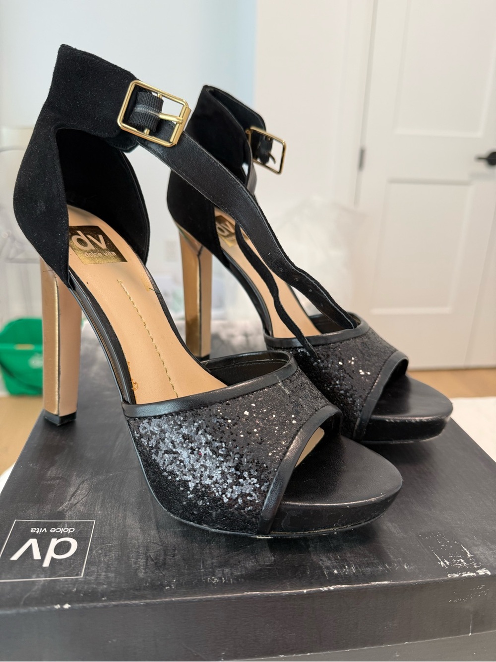 DV by Dolce Vita Black Glitter Ankle-Strap Platform Heels with Gold Buckle